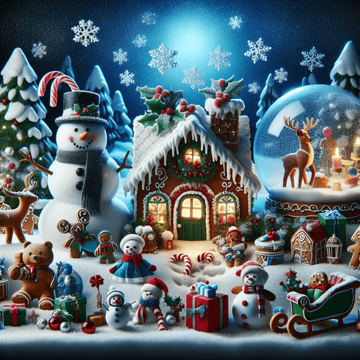 a feeric christmas landscape at night with a snow man , candy canes ,holly leafs and snow flakes, cute penguin, Santa's reindeers, green, red and blue presents and a lot of toys, a sled, gingerbread boy and girl, snow globes, a cute polar bear cub. a gingerbread house Background image