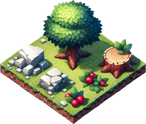 A tree a rock and crambery in a RTS style Single Game Texture. In-Game asset. 2d. Blank background. High contrast. No shadows.