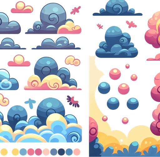 Create a cartoon-style illustration of clouds. The goal is to capture a lively and playful location...
Single Game Texture. In-Game asset. 2d. Blank background. High contrast. No shadows.