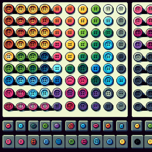 Create a sprite sheet featuring various sewing buttons. Each button should be distinct, with a cohesive color scheme containing a wide range of rainbow colors. The style should be detailed pixel art, reminiscent of classic 8-bit era video game. Arrange the components on a dark background, with each part neatly aligned in rows and columns for easy identification and use in game development..
Single Game Texture. In-Game asset. 2d. Blank background. High contrast. No shadows.