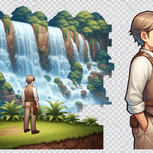 orman ve şelale.
Single Game Texture. In-Game asset. 2d. Blank background. High contrast. No shadows.