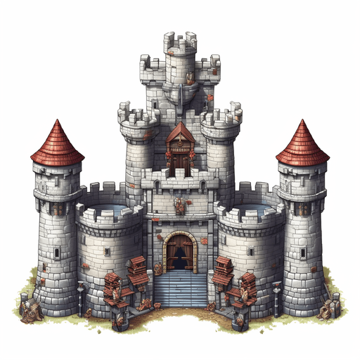 Full view Hero stronghold with gate at the right.
Game Texture. In-Game asset. 2d. Pixelart. White background. Blank background. Low detail. High contrast.