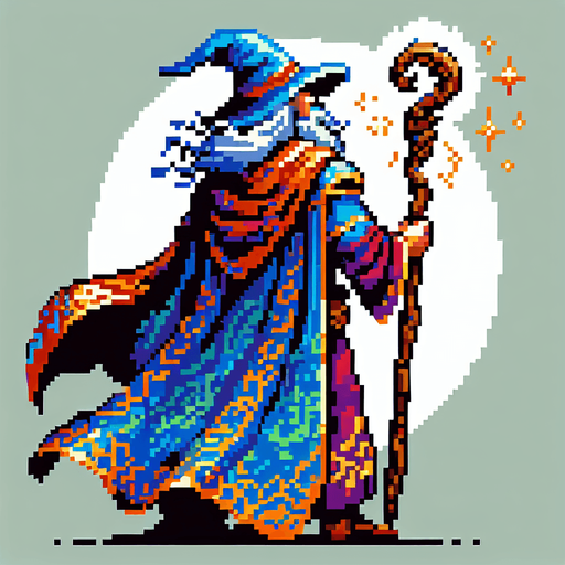 A wizard hero facing away with his back turned with his staff in the air
I want the art style to reflect a classic 16-bit retro pixel art aesthetic, reminiscent of early 1990s RPGs with vibrant colors. The environment should have a rich, fantasy-themed design with intricate backgrounds and a nostalgic, old-school feel..
Single Game Texture. In-Game asset. 2d. Blank background. High contrast. No shadows.