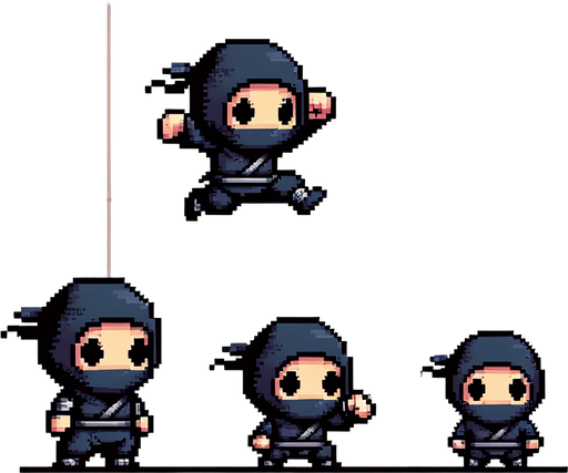 8-bit pixelated chibi ninja character sprite sheet with two simple, exaggerated action poses: one in mid-jump, with a small, round body and oversized head, arms and legs slightly bent in a cute, chibi-like leap. The second pose should emphasize the chibi ninja sliding down a wall: his body is pressed close to the wall with one hand extended upward, gripping or bracing against the wall. His feet should be pressed against the wall as he slides down, while his face is turned in the opposite direction, giving the impression he's scanning for threats or preparing to leap. The design should maintain the playful chibi proportions, with a dark, minimalistic outfit and a simple headband, all within a retro 8-bit pixel aesthetic and a limited color palette..
Single Game Texture. In-Game asset. 2d. Blank background. High contrast. No shadows.