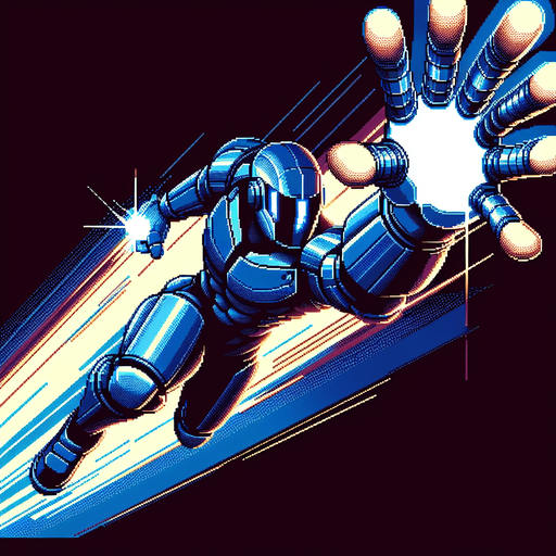 a blue iron man style armor flying.
Retro gaming style