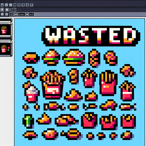 8-bit pixelated text saying "WASTED" against a fast food like burgers, fries and nuggets.
Single Game Texture. In-Game asset. 2d. Blank background. High contrast. No shadows.