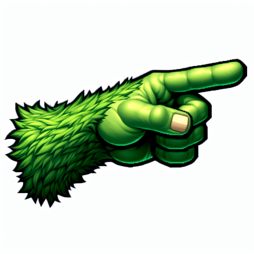 an green hairy grinch's arm, pointing in the horizontal direction, the index finger pointing to the left Single Game Texture. No background. High contrast. No shadows.