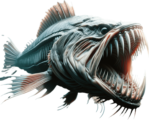 Classic fish with fangs lateral view..
2024 game style. Photorealistic