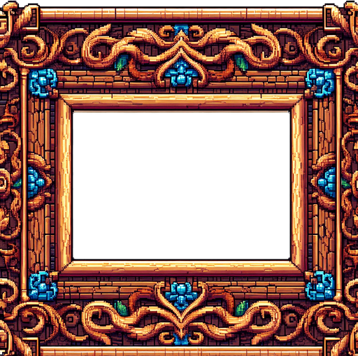 Wooden engrained frame. I want the art style to reflect a classic 16-bit retro pixel art aesthetic, reminiscent of early 1990s RPGs with vibrant colors. The environment should have a rich, fantasy-themed design with intricate backgrounds and a nostalgic, old-school feel..
Single Game Texture. In-Game asset. 2d. Blank background. High contrast. No shadows.