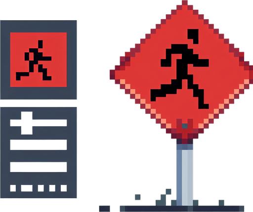 pixel art of a tall, red road sign showing someone running.
game asset, 2d, white background, shadowless.