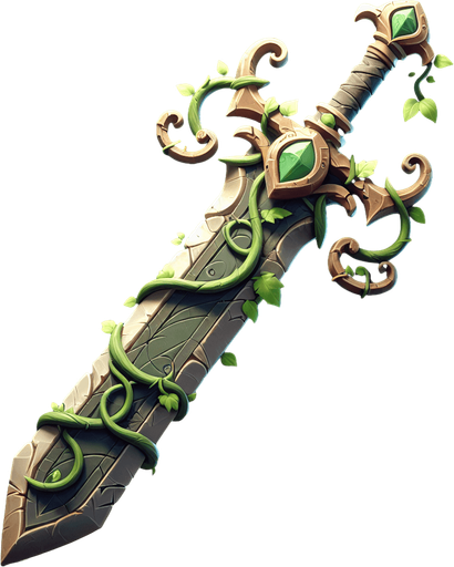 Magical elemental crystal sword made of stone and green vines..
Single Game Texture. In-Game asset. 2d. Blank background. High contrast. No shadows.