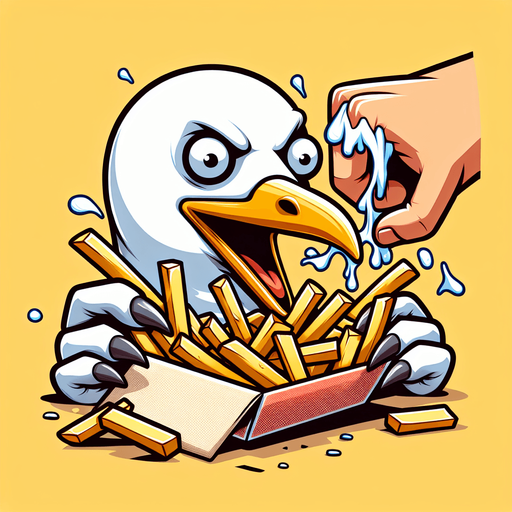 create a cartoon-style illustration of a seagul's face chomping down on fries make it comical..
Single Game Texture. In-Game asset. 2d. Blank background. High contrast. No shadows.