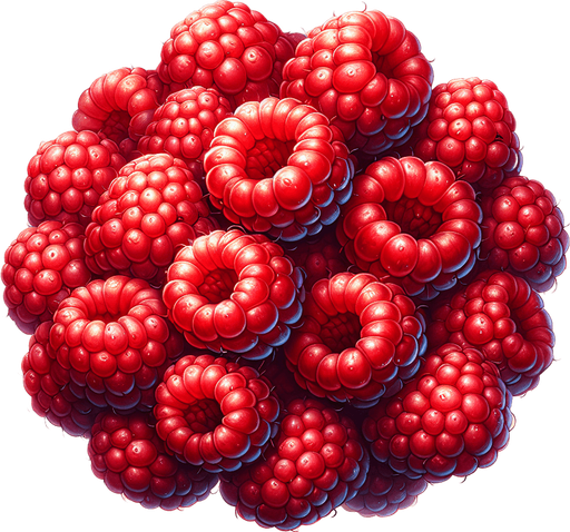 A few delicious red raspberries, cleaned..
Single Game Texture. In-Game asset. 2d. Blank background. High contrast. No shadows.