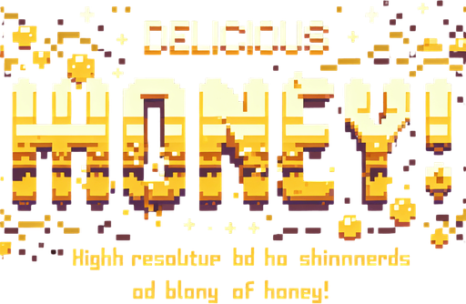 a cool splash screen style text saying 'Delicious Honey!' golden yellow brown honey colors. high-resolution pixel art..
Single Game Texture. In-Game asset. 2d. Blank background. High contrast. No shadows.