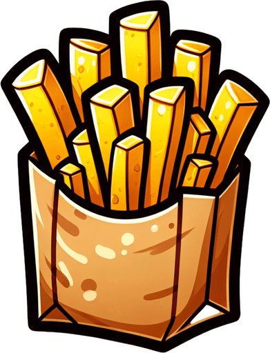 Create a cartoon-style illustration of fries in a brown bag. The goal is to capture a lively and playful object. Front perspective.
Single Game Texture. In-Game asset. 2d. Blank background. High contrast. No shadows.