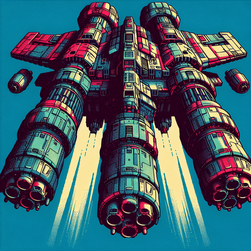 large enemy space ship with massive cannons flying downwards viewed from on top in colour.
Single Game Texture. In-Game asset. 2d. Blank background. High contrast. No shadows.