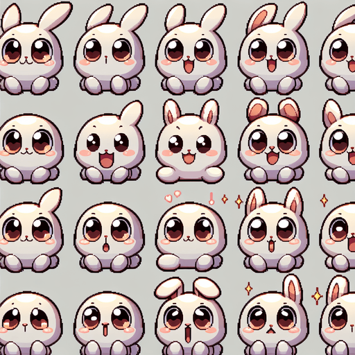 A spritesheet of cute happy and very silly-looking rabbits staring wideeyed at the camera..
Single Game Texture. In-Game asset. 2d. Blank background. High contrast. No shadows.