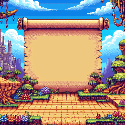 blank wide papyrus. I want the art style to reflect a classic 16-bit retro pixel art aesthetic, reminiscent of early 1990s RPGs with vibrant colors. The environment should have a rich, fantasy-themed design with intricate backgrounds and a nostalgic, old-school feel..
Single Game Texture. In-Game asset. 2d. Blank background. High contrast. No shadows.