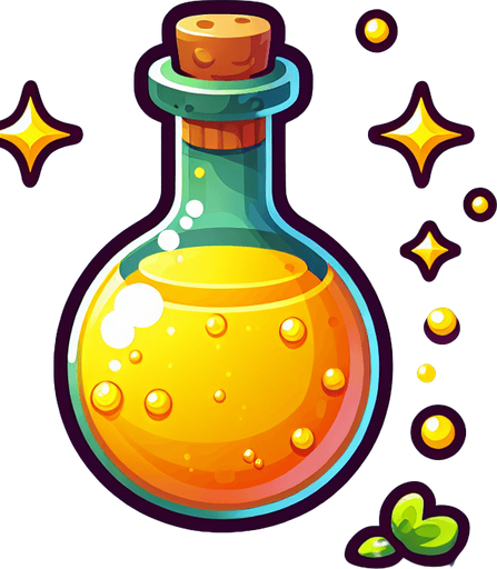 potion magique jaune.
Single Game Texture. In-Game asset. 2d. Blank background. High contrast. No shadows.