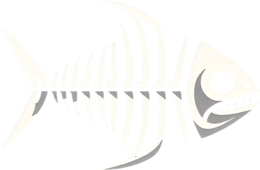 Very minimalist skeleton of a fish with a fin and cute shark head...
2d. Black background. High contrast. No shadows.