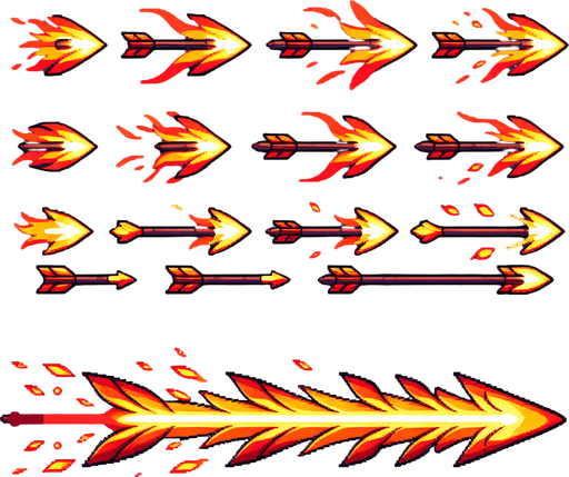 Wide Fire arrow sprite sheet.
Single Game Texture. In-Game asset. 2d. Blank background. High contrast. No shadows.