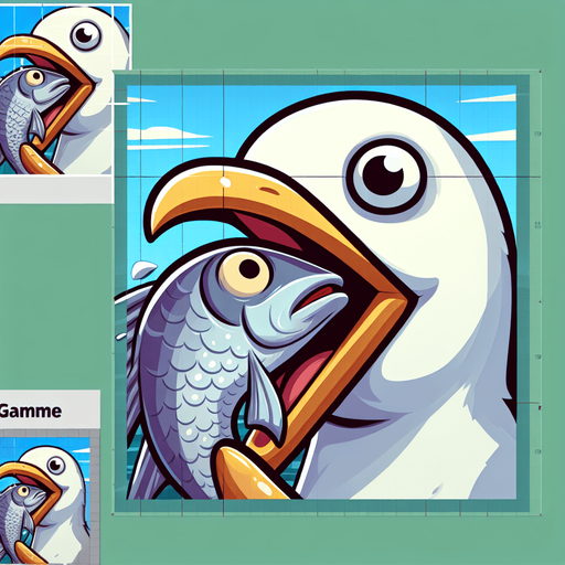 create a cartoon-style illustration of a seagul's face chomping down on a fish make it comical..
Single Game Texture. In-Game asset. 2d. Blank background. High contrast. No shadows.