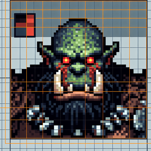 an orc warrior with a large head and red eyes. pixelart. top down view. Single Game Texture. In-Game asset. 2d. Blank background. High contrast. No shadows.