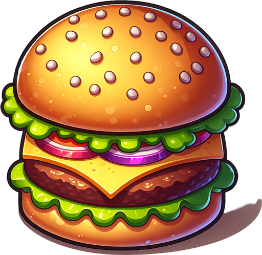 tasty burger.
Single Game Texture. In-Game asset. 2d. Blank background. High contrast. No shadows.