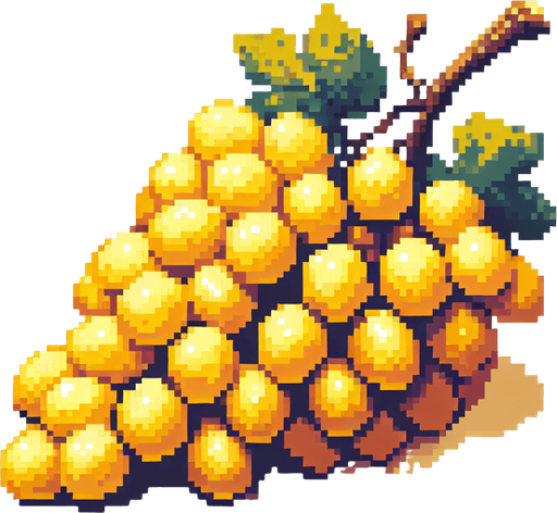 Pixel art of yellow grapes.
Single Game Texture. In-Game asset. 2d. Blank background. High contrast. No shadows.