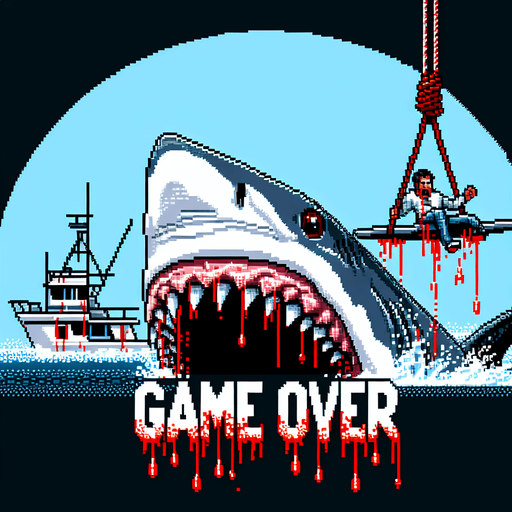 high quality pixel art based background image for a movie showing a Shark hung on a hunting fishing yacht. GAME OVER text written in sharp white fangs text with red blood dripping all around the text.
Single Game Texture. In-Game asset. 2d. Blank background. High contrast. No shadows.