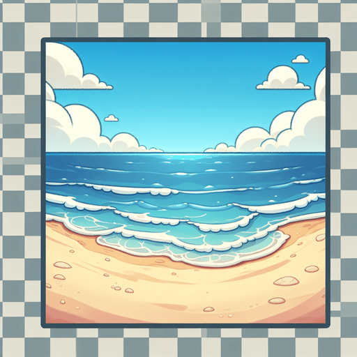 Create a cartoon-style illustration of the ocean and an empty sandy beach from the perspective of a person standing on the beach. The goal is to capture a lively and playful location..
Single Game Texture. In-Game asset. 2d. Blank background. High contrast. No shadows.