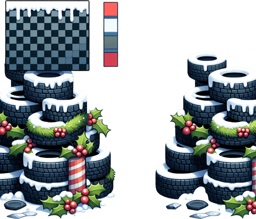 2d stacked christmas winter tire Single Game Texture. In-Game asset. 2d. Blank background. High contrast. No shadows.