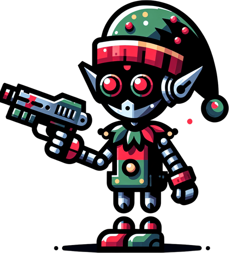 2d christmas evil robot elf with a gun Single Game Texture. In-Game asset. 2d. Blank background. High contrast. No shadows. Single Game Texture. In-Game asset. 2d. Blank background. High contrast. No shadows.