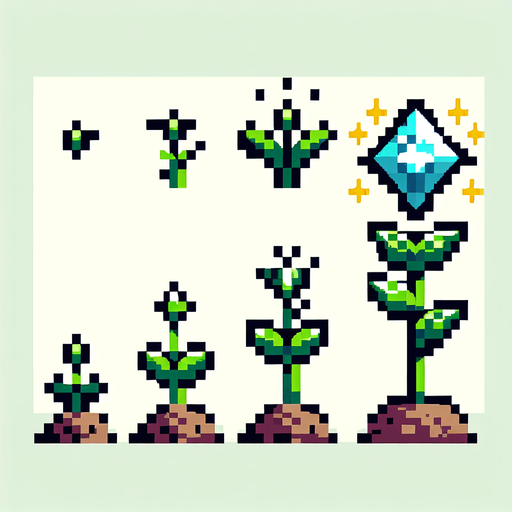 pixel art sprite sheet of a growing plant with a diamond flower.
Game asset. 2d. Blank background. High contrast. No shadows.