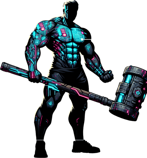 a cyberpunk bodybuilder with a sledgehammer.
Single Game Texture. In-Game asset. 2d. Blank background. High contrast. No shadows.