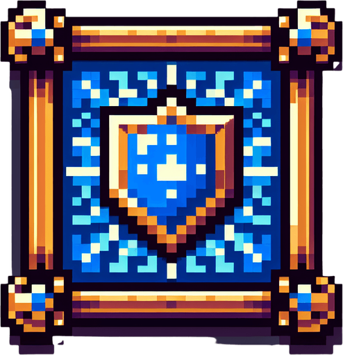 blue shield spell icon with a frame,  I want the art style to reflect a classic 16-bit retro pixel art aesthetic, reminiscent of early 1990s RPGs with vibrant colors..
Single Game Texture. In-Game asset. 2d. Blank background. High contrast. No shadows.