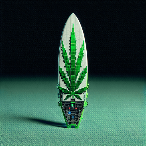 Cannabis plant surfboard transparent background on its side green in shape of cannabis leaf technological futuristic tech 8bit Single Game Texture. In-Game asset. 2d. Blank background. High contrast. No shadows Single Game Texture. In-Game asset. 2d. Blank background. High contrast. No shadows.