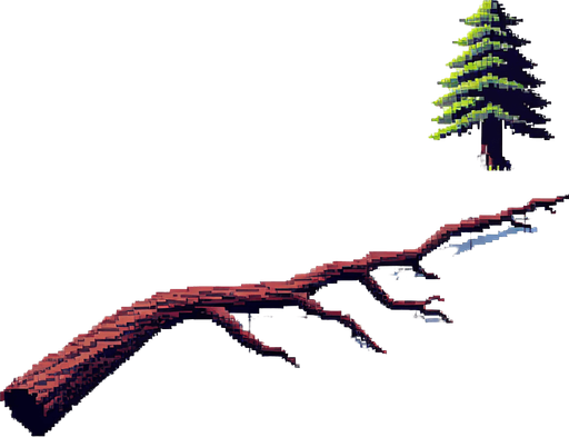 pixelart. A long horizontally growing  branch grown from a redwood tree. The tree itself should not be included in the image, only the branch..
Single Game Texture. In-Game asset. 2d. Blank background. High contrast. No shadows.