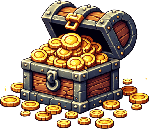 A treasure chest. Medieval style. cartoony. Open and full of gold coins. Single Game Texture. In-Game asset. 2d. Blank background. High contrast. No shadows.