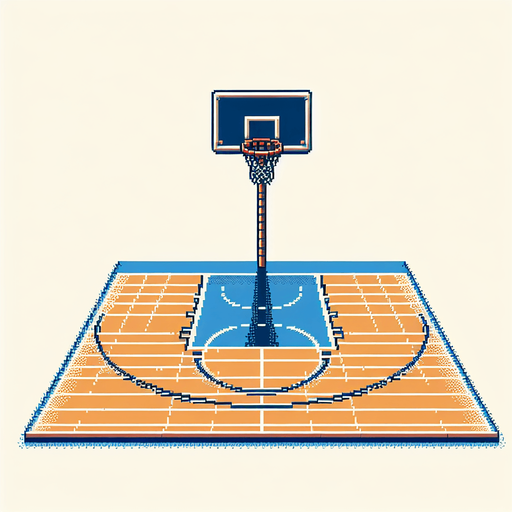 Basketball court. One basketball hoop with background and net is shown. Facing downcourt. 8-Bit style..
Single Game Texture. In-Game asset. 2d. Blank background. High contrast. No shadows.