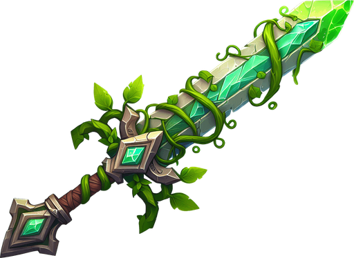 Magical elemental crystal sword made of stone and green vines..
Single Game Texture. In-Game asset. 2d. Blank background. High contrast. No shadows.