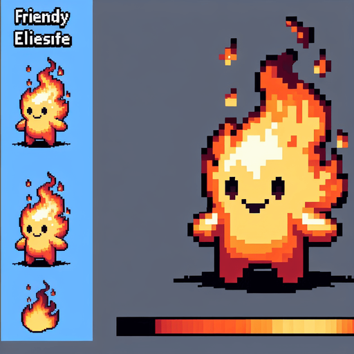 a friendly fire elemental, I want the art style to reflect a classic 16-bit retro pixel art aesthetic, reminiscent of early 1990s RPGs.
Single Game Texture. In-Game asset. 2d. Blank background. High contrast. No shadows.