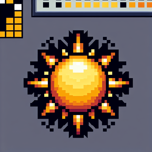 pixel art sun.
Single Game Texture. In-Game asset. 2d. Blank background. High contrast. No shadows.