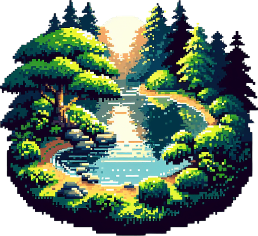 background of a pond in the middle of the nature. pixelated 8-bit.
Single Game Texture. In-Game asset. 2d. Blank background. High contrast. No shadows.