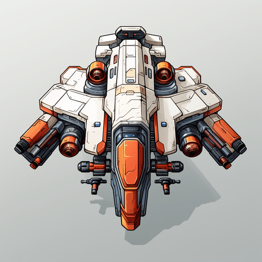 Stylish hero spaceship facing upwards, with a single cannon in the center.
Single Game Texture. In-Game asset. 2d. Pixelart. White background. Blank background. Low detail. High contrast.