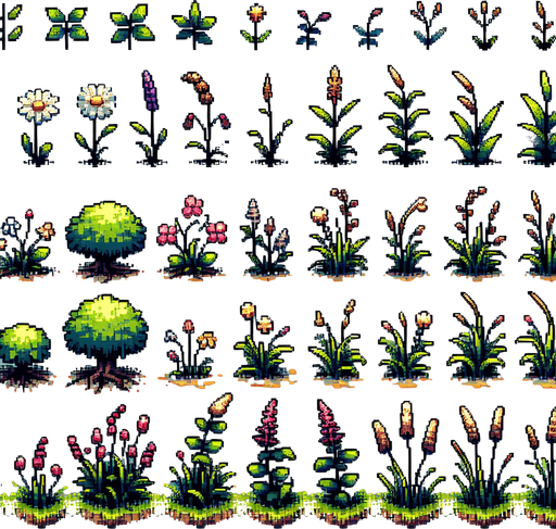 pixel art of garden weeds. Growth sprite sheet.
In-Game asset. 2d. Blank background. High contrast. No shadows.