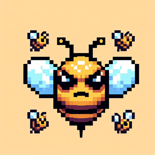 pixel art. some angry bees..
Single Game Texture. In-Game asset. 2d. Blank background. High contrast. No shadows.