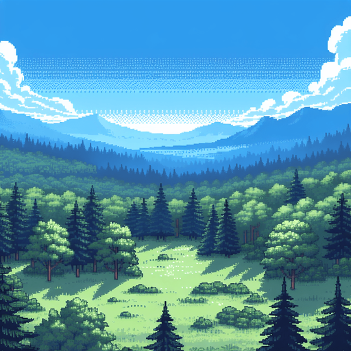 pixelart. A beautiful bue sommer sky without a cloud in the sky above the treetops of a forest and distant mountains. The foreground should be an grassy clearing..
Single Game Texture. In-Game asset. 2d. Blank background. High contrast. No shadows.