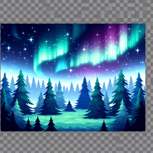 Cartoon Christmas outdoor scene. Forest, northern lights.
Single Game Texture. In-Game asset. 2d. Blank background. High contrast. No shadows.