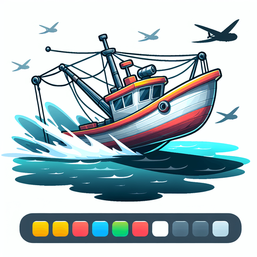 Create a cartoon-style illustration of a fishing boat. The goal is to capture a lively boat in action..
Single Game Texture. In-Game asset. 2d. Blank background. High contrast. No shadows.